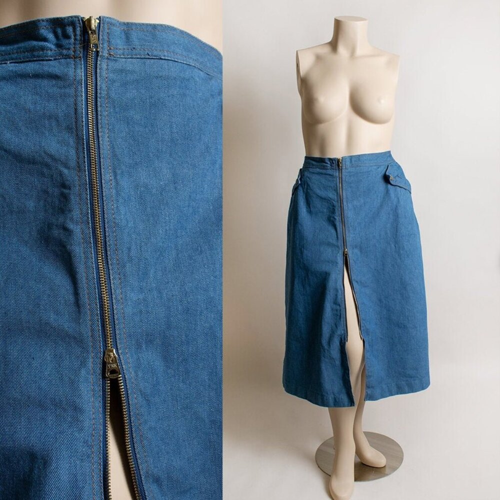 Vintage 1980s Denim Jean Skirt Front Zip Midi Length Large 80s